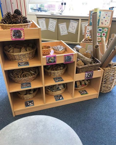 I think this is a very attractive display and organization of these natural building materials. The shelves are labelled so the children will know where every item belongs. Loose Parts Eyfs Ideas, Natural Nursery Ideas Eyfs, Kitchen Loose Parts, Loose Parts Display, Enabling Environments Eyfs, Natural Eyfs Environment, Natural Eyfs Classroom, Nursery Ideas Eyfs, Nature Blocks