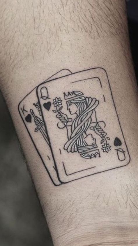 Queen Playing Card Tattoo Simple, 2 Playing Cards Tattoo, Queen Of Hearts Playing Card Tattoo, Tattoo Deck Of Cards, Rummy Card Tattoo, Playing Card Tattoo Ideas Small, American Traditional Playing Card Tattoo, Deck Cards Tattoo, Face Card Tattoo