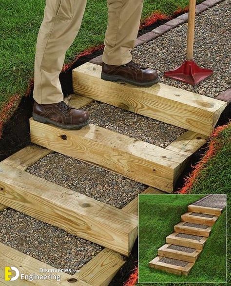 31+ Fantastic Ideas To Make Your Own Steps In Your Garden - Engineering Discoveries Retaining Walls With Stairs, Wood Retaining Wall, Landscape Stairs, Railroad Ties, Build Your Own Shed, Sloped Backyard, Garden Stairs, Outdoor Steps, Garden Steps