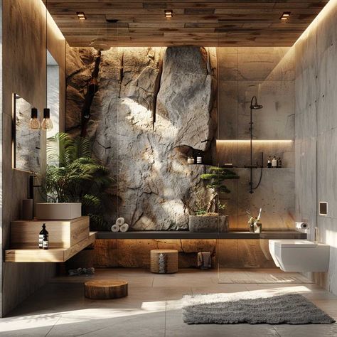 9+ Textured Contemporary Bathroom Ideas with Stone and Concrete • 333+ Art Images Stone Shower Walls, Contemporary Bathroom Ideas, Concrete Shower, Rock Floor, Inspiring Lifestyle, Stone Accent Walls, Stone Wall Design, Stone Tile Wall, Serene Bathroom