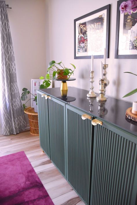 Green Buffet Dining Room, Diy Long Sideboard, Brines Ikea Hack, Diy Fluted Sideboard, Ivar Painted Ikea, Fluted Furniture Diy, Diy Sideboard Buffet Ikea Hacks, Sideboard Makeover Ideas, Ikea Hack Sideboard