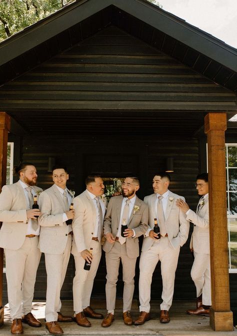 Tan Suit Groom And Groomsmen, Suits For The Groom Wedding Day, Taupe Mens Wedding Attire, Beige Tuxedo Wedding Groomsmen, Groom And Groomsmen Attire Champagne, Groomsmen No Tie With Jacket, Small Wedding Groom Outfit, Sand Colored Groomsmen, Neutral Bridal Party Groomsmen