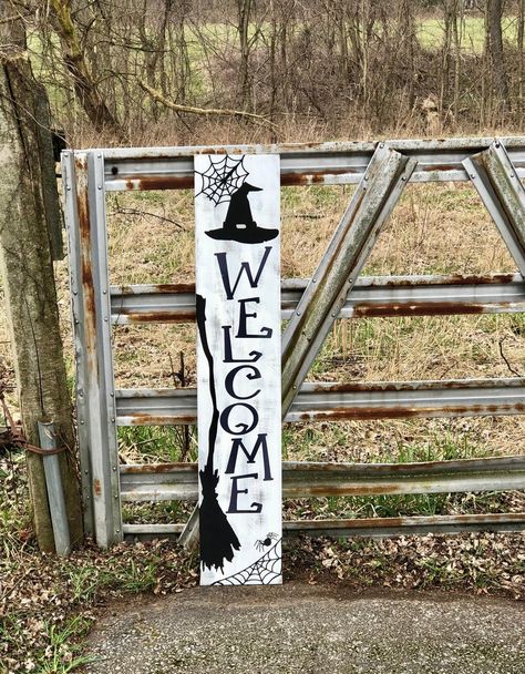 Halloween Welcome Sign, Porch Sign, Fall Decor, Rustic, Farmhouse, Wood Sign, Handmade - Etsy Halloween Plank Signs, Fall Welcome Boards For Porch, Fall Diy Signs Outside, Spooky Welcome Sign, Diy Halloween Welcome Sign, Halloween Welcome Sign Front Door, Wood Signs Halloween, Wood Porch Signs Diy, Halloween Porch Boards