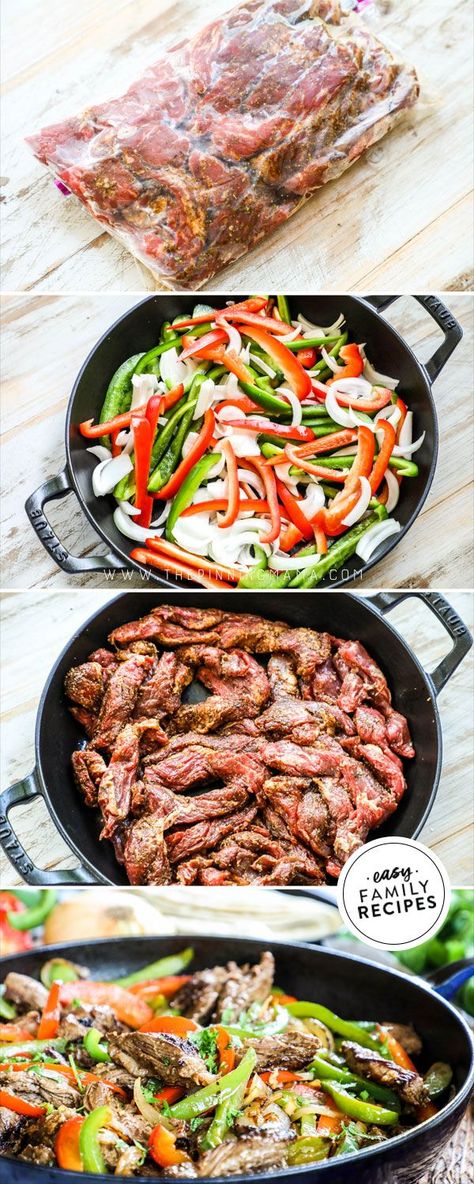 BEST DINNER! Steak Fajitas made in 10 MINUTES! These easy steak fajitas the perfect quick dinner idea for a busy night. Skirt steak is combined with seasonings, bell peppers, and onions and cooked quickly in a skillet to make the best and most flavor filled steak fajitas. As a bonus, these beef fajitas are perfect for those with special dietary needs because they are gluten free, low carb, and a keto recipe. This tex-mex dinner is always a hit! #dinner #mexicanfood #lowcarb #keto #steak #beef Fajita Steak Recipes Skillet, Fajitas Steak, Easy Fajita Recipe, Beef Fajita Recipe, Skirt Steak Fajitas, Keto Steak, Easy Steak Fajitas, Steak Fajita Recipe, Dinner Steak