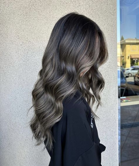 Midnight Ash Hair Color, Winter Brunette Balayage, Bronde Balayage On Black Hair, Hair Ashy Brown, Winter Hair Color For Brunettes Balayage, Brown Hair Ash Highlights, Ashy Balayage On Black Hair, Platinum Highlights On Brown Hair, Root Smudge Brunette