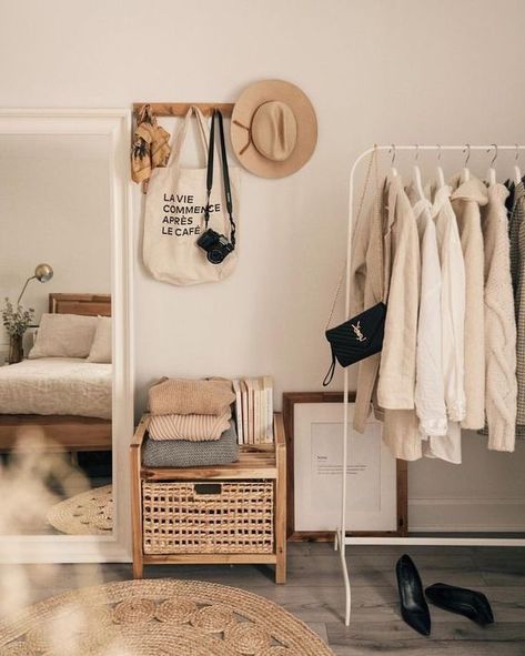 Neutral Bedroom Dressing Area - 5 Essentials Every Girl Needs To Keep Her Closet Organized: Beautifully styled warm neutral dressing area in bedroom corner with neat and organized open clothes rack and storage for getting ready in the morning. @chloedominik #neutralbedroomarea #dressingareainbedroom #styledclothingrack #closetessentials #closetessentialsforwomen #closetorganizationideas #wardrobeorganisation #tidycloset Cute Dorm Rooms, Diy Casa, Diy Apartment Decor, Red Decor, Room Transformation, Decor Essentials, Blue Bedroom, Fireplace Decor, Small Space Living