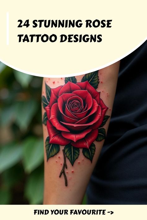 24 Stunning Rose Tattoo Designs Red And Black Rose Tattoo, Red And Black Flower Tattoo, Blooming Rose Tattoo, Red Flowers Tattoo, Red Rose Tattoo Design, A Rose Tattoo, Realistic Flower Tattoo, Black Rose Tattoo, Timeless Tattoo