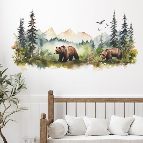 PRICES MAY VARY. [Dimension] Wall stickers: 30cm * 90 cm * 2 PCS (11.8 inch * 35.4 inch) * 2 PCS. The display size on the wall: 108 cm x 54 cm (42.5 inch* 21.3 inch), you can also paste it according to your preference. [Unique Design] Two species of brown bears roam the jungle in a casual posture, with a few pine trees standing by, rolling mountains and soaring eagles in the distance, which can bring you the feeling of nature. [High Quality] Our removable wall stickers are made of high quality P Africa Jungle, Forest Wall Decals, Dream Forest, Stick Diy, Forest Brown, Stick Wall Art, Playroom Nursery, Bear Wall Art, Pine Walls