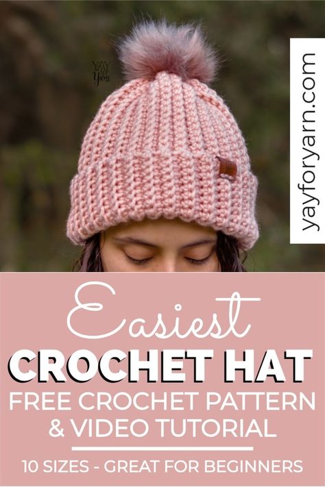 Beginner Hat Crochet Pattern, Stretchy Crochet Hat, 1 Hour Crochet Beanie Pattern Free, Crocheting A Hat For Beginners, Crotchet Beanies Women, Easy Winter Hat Crochet Pattern, Crochet Pompom Hat, Simple Crochet Hats Free Pattern, Size 5 Yarn Crochet Hat