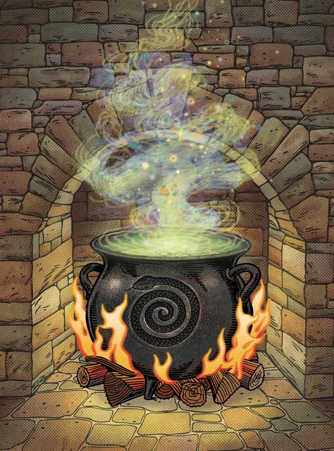 JOHN KACHIK ILLUSTRATION: THE WITCH'S CAULDRON Witches Cauldron Illustration, Kitchen Witch Art Illustration, Witch Cauldron Illustration, Green Witch Illustration, Witch’s Cauldron, Witches Cauldron Drawing, Fantasy Cauldron, Witch Cauldron Drawing, Witch House Illustration