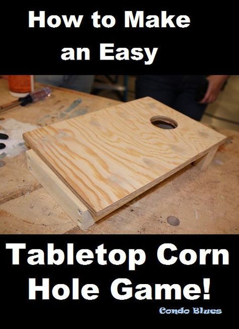 How to make an easy portable indoor table top mini size cornhole bean bag toss game from wood Diy Tabletop Games, Corn Hole Plans, Cornhole Board Plans, Tabletop Cornhole, Tree Parts, Bean Bag Boards, Homemade Board Games, Diy Cornhole Boards, Bean Bag Games