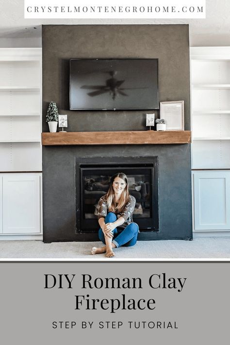 Looking for a new fireplace design idea? Check out this fireplace makeover tutorial on how I remodeled a builder grade fireplace. Roman Clay gave this old fire place a new, modern look. It was easy to apply and looks beautiful. I built an inexpensive, yet timeless fireplace mantle, and now the entire fireplace surround looks so elegant. Read my step by step instructions before your next fireplace remodel. Visit crystelmontenegrohome.com for more inspiration and Do It Yourself tutorials. Builder Grade Fireplace, Roman Clay Fireplace, Timeless Fireplace, Clay Fireplace, Easy Diy Fireplace, Concrete Fireplace Surround, Modern Fireplace Mantels, Roman Clay, Wood Mantle Fireplace