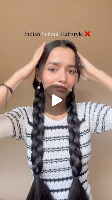 2 Choti Hairstyle School, Hairstyles For Indian School, Indian School Hairstyles, Quick And Easy Hairstyles For School, 2 Braids Hairstyles, Straight Hair With Braid, Middle School Hairstyles, School Braids, Braided Hairstyles For School