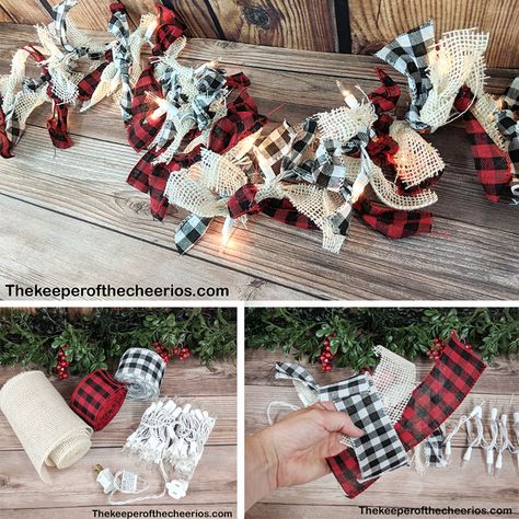 buffalo-plaid-light-up-garland-6 Light Up Garland, Diy Garlands, Buffalo Plaid Christmas Decor, Diy Christmas Lights, Diy Christmas Garland, Rag Garland, Plaid Christmas Decor, Christmas Garlands, Buffalo Check Christmas