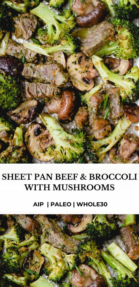 This Sheet Pan Beef and Broccoli with Mushrooms couldn’t be easier. It’s the perfect AIP, paleo, and Whole30 approved quick meal that’s ready in under 30 minutes. #aiprecipes #paleorecipes #paleo #aip #aipdiet #autoimmunepaleo #aipprotocol #autoimmunedisease #whole30 #whole30recipes #easy #easydinnerrecipe #easydinner #healthy #sheetpandinner #quickdinner #quickmeal #healthydinner #beefandbroccoli #mushrooms #onepotmeal #healmedelicious Aip Casserole, Sheet Pan Beef And Broccoli, Broccoli With Mushrooms, Sheet Pan Beef, Aip Dinners, Quick Paleo, Aip Dinner, Aip Meals, Autoimmune Paleo Recipes