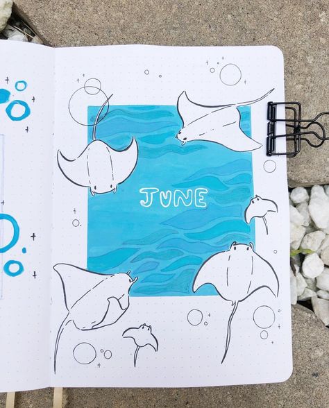 Ocean Journal Page, Ocean Design Ideas, Bujo Sea Theme, Ocean Journal Ideas, Bullet Journal Ideas June, Cute Designs For Notes, June Journal Ideas, May Journal Ideas, Journal Month Page