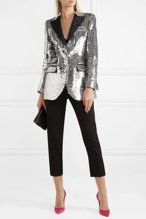 Sequence Blazer Outfits, Silver Blazer Outfit, Sequin Blazer Outfit, Silver Blazer, Ellis Ross, Crepe Blazer, Sequin Blazer, New Years Eve Outfits, Sequin Jacket