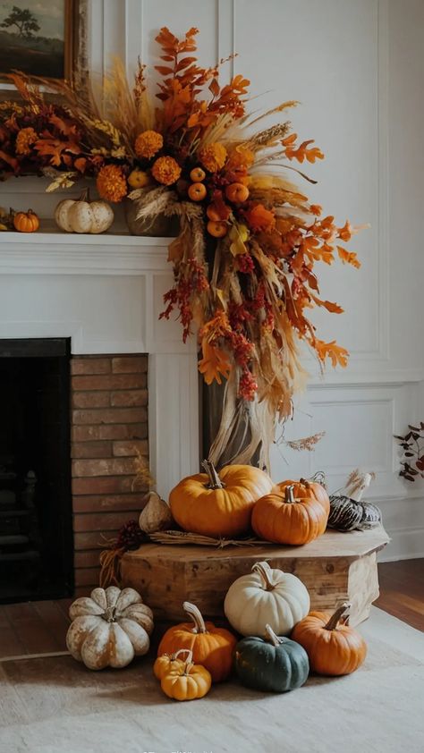 Transform Your Space: 15 Thanksgiving Decor Ideas for Every Nook and Cranny** ** - Cheerful Talks Fall Decorated Entertainment Center, Fall Decor Ideas Mantel, Thanksgiving Chandelier Decor, Cozy Christmas Table Decor, Fall Center Piece Dining Room, Cornucopia Decorating Ideas, Pumpkin And Flower Centerpieces, Martha Stewart Fall Decor, Autumn Decor Table