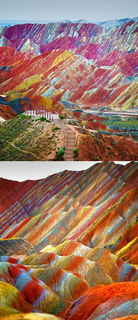 Rainbow Mountains, China (probably some color enhancement plus a perfect lighting situation Rainbow Mountains China, Danxia Landform, Rainbow Mountains, Landform, Painted Hills, Colorful Mountains, Rainbow Mountain, Places In America, Secret Places