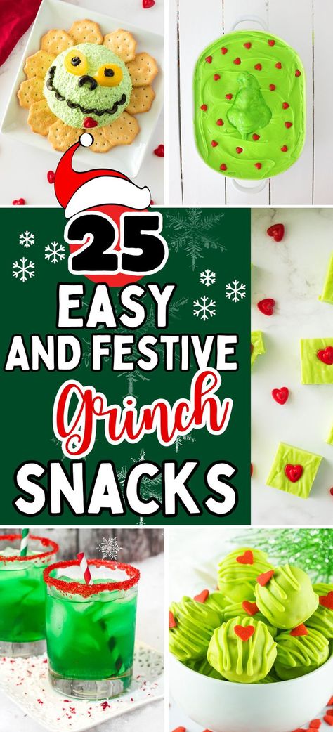 grinch snacks Grinchmas Party Snacks, Green Grinch Food, Christmas Grinch Party Ideas, Grinch Inspired Desserts, Grinch Themed Brunch, Food For Grinch Party, Grinch Themed Food Ideas, Grinch Themed Food Movie Nights, The Grinch Movie Night Food Ideas