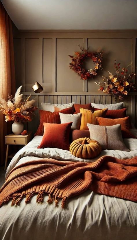 20+ Cozy Fall Bedroom Ideas to Transform Your Space 41 Fall Bedroom Paint Colors, Pumpkin Bedroom Decor, Autumn Inspired Bedroom, Room Ideas Fall Aesthetic, Fall Colors Bedroom, Fall Bedding Bedrooms Cozy, Fall Bedroom Ideas Cozy, Cozy Fall Aesthetic Bedroom, Fall Bedding Bedrooms