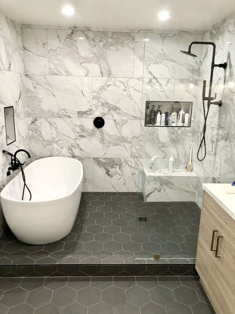 Master bathroom goals by DR Development! Gorgeous bathtub and stunning tile! Contact us for your interior exterior remodeling needs (310) 299-6497 #InteriorInspo #HouseGoals #HomeDecor #InteriorDesign #HomeInspiration #HomeIdeas #DecorInspiration #HomeStyle #DecorTips #HomeDecorating Master Bath Tub And Shower Ideas, Tub In Shower Master Bath, Tub In Shower Area, Bathroom Tub Ideas, Wall Panels Bedroom, Remodeling Bathroom, Bathroom Tub Shower, Full Bathroom Remodel, Bathroom Remodel Pictures