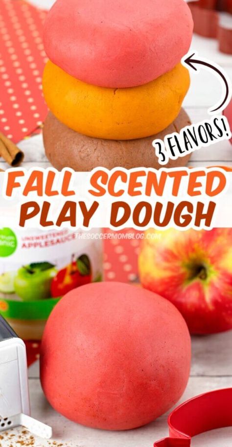 These super soft fall playdough recipes smell like your favorite things about the season: Apple, pumpkin, and cinnamon scented play dough! Fall Playdough Recipes, Fall Playdough Kit, Fall Playdough, Scented Playdough, Cooked Playdough, Pasteles Halloween, Scented Play Dough, Homemade Playdough Recipe, Playdough Activities