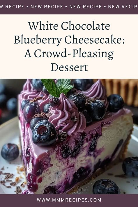 Thank you for being here! This white chocolate blueberry cheesecake is a crowd-pleasing dessert. The creamy white chocolate paired with sweet blueberries is a delight in every bite. Perfect for any occasion, it’s sure to impress your guests! White Chocolate Blueberry Cheesecake, Chocolate Blueberry Cheesecake, Blueberry Cheesecake Recipe, Chocolate Desserts Cake, Chocolate Blueberry, White Chocolate Shavings, Chocolate Pairings, White Chocolate Cheesecake, Melting White Chocolate