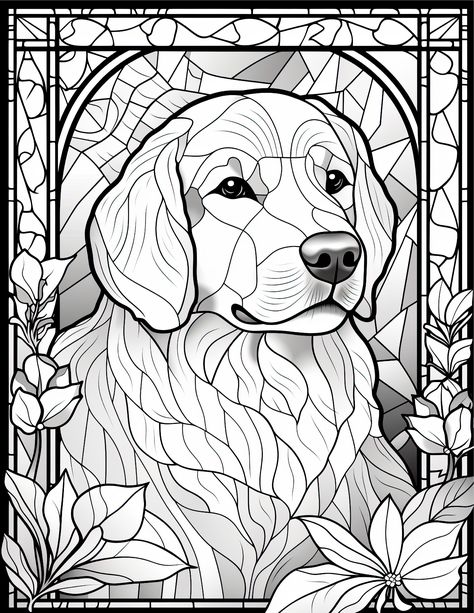 Stained glass golden retriever coloring page for adults from our Stained Glass Dogs Coloring Book which features 50 detailed designs of stained glass Dachshunds, Bulldogs, Pugs, Huskies and more. #coloring #coloringbook #coloringbookforadults #coloringforadults #coloringpages #coloringaddict #coloringforgrownups #adultcoloring #adultcoloringbook #stainedglass #dog Golden Retriever Stained Glass Pattern, Golden Retriever Coloring Pages, Stained Glass Dogs, Stained Glass Coloring Pages, Colouring Pictures, Dog Coloring Book, Modern Hand Embroidery Patterns, Glass Things, Glass Painting Patterns