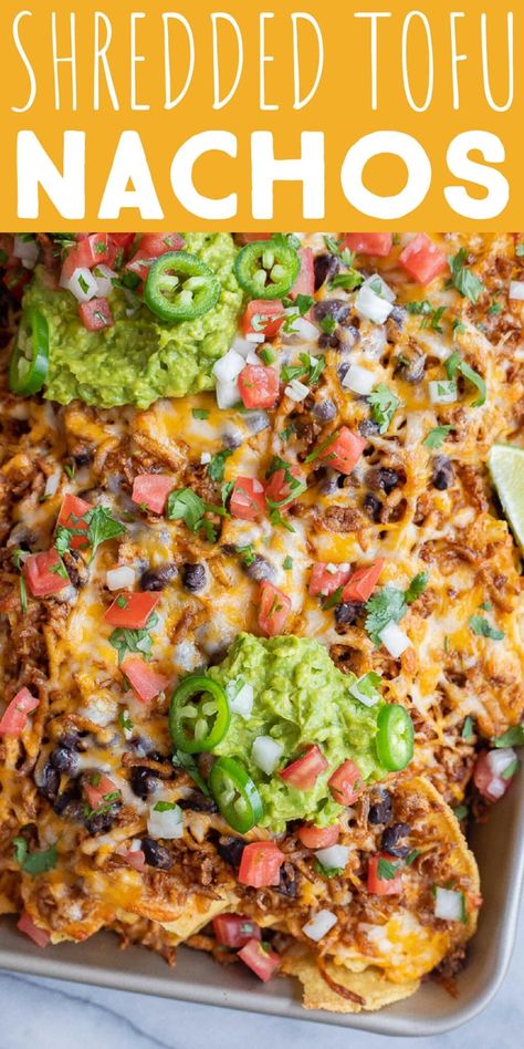 You can't go wrong with nachos, and these Vegetarian Shredded Tofu Nachos are some of the best I've had! The tofu is shredded and then cooked with smoky spices until it's crispy. These delicious nachos are loaded with protein and great for lunch, dinner, appetizer or snack. Add your favorite toppings and enjoy! #nachos #vegetarian #shreddedtofu #easydinner Tofu Nachos, Shredded Tofu Recipe, Nachos Vegetarian, Vegetarian Nachos Recipe, Shredded Tofu, Tvp Recipes, Veggie Nachos, Vegetarian Nachos, Vegan Nachos