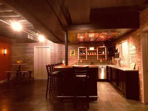 North Ann Arbor Basement Remodel: Home Brewpub - Transitional - Basement - Detroit - by Rochman Design-Build Inc. | Houzz Copper Bar Top, Transitional Basement, Structure Paint, Ventilation Hood, Concrete Stained Floors, Handyman Projects, Home Pub, Finished Basement Ideas, Basement Kitchen