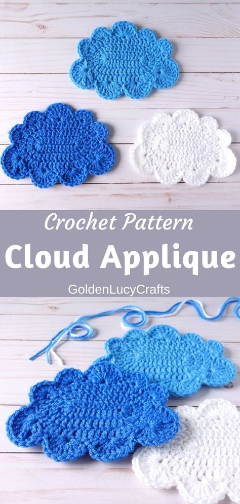 Learn how to crochet this large cloud applique. It will look great on your windows, pillows, blankets or any other project! Free crochet pattern, applique, motif, embellishment. Crochet Cloud Pattern, Crochet Seashell Applique, Seashell Applique, Crocheted Appliques, Cloud Applique, Crochet Seashell, Cloud Crochet, Crochet Cloud, Knitting Increase