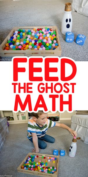 Ghost Roll & Feed: Halloween Math for All Ages - Busy Toddler Halloween Activities For Preschool Math, Preschool Math Halloween Activities, Feed The Ghost Game, Kids School Halloween Games, Halloween Activies Toddlers, Halloween Toddlers Activity, Halloween Provocations Preschool, Halloween Classroom Games Preschool, Feed The Ghost Fine Motor