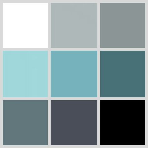 This is the color palette im going to use for my home. Black, white, grey/silver and hints of blue Light Blue And Grey Palette, Black White Grey Blue Color Palette, Black White Teal Color Palette, Black White Grey And Blue Home Decor, White And Silver Color Palette, Blue And Silver Color Scheme, Black White Turquoise Color Palette, Teal Gray Black Color Palette, Grey Blue Black Color Palette