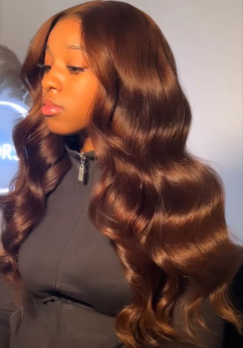 Brown Wig Aesthetic, Brown Glueless Wig, Chocolate Brown Weave, Chocolate Brown Hair Color Curly Hair, Brown Frontal Wig Hairstyles, Brown Leave Out, Chocolate Brown Sew In, Chocolate Wig Black Women, Light Brown Wig Black Women