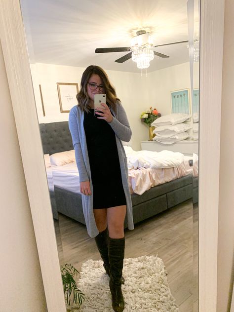 Black Mini Dress And Cardigan Outfit, Short Dress With Long Cardigan, Dresses With Long Cardigans, Black Dress And Cardigan Outfit, Long Dress With Cardigan Outfit, Fitted Dress With Cardigan, Womens Work Fashion, Long Dress With Cardigan, Dresses With Cardigans