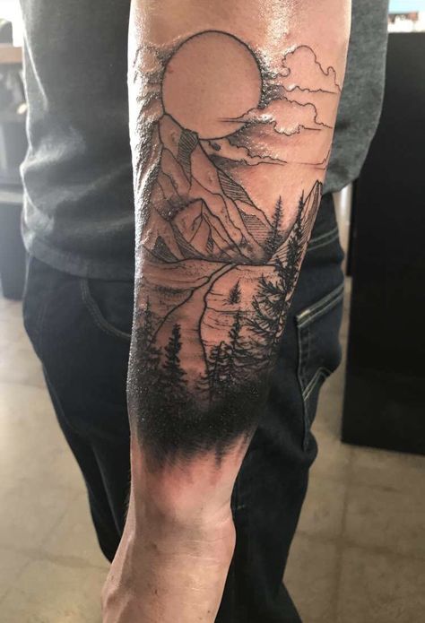 Originally from Northern California and just always wanted a part of home to be with me no matter how far I may journey away from it. All the pine trees in the background with a lone bear roaming. #mountains #river #trees #tahoe #laketahoe #tattoo Wilderness Tattoo, Scene Tattoo, Tattoo Tree, Nature Tattoo Sleeve, Tatuagem Masculina Pequena, Handpoke Tattoo, Forest Tattoos, Landscape Tattoo, Irezumi Tattoos