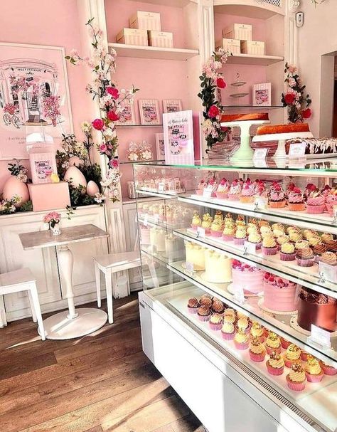 Donut Shop Aesthetic, Bakery Aesthetic Interior, Vintage Bakery Aesthetic, Cupcake Shop Interior, Small White Table, Pastel Bakery, Counter Shelves, Elegant Cake Stands, Cake Shop Design