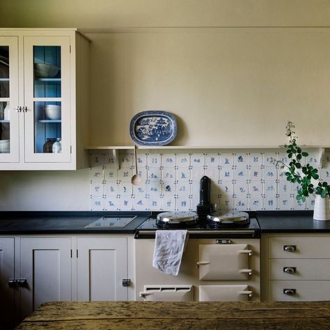 Plain English Design on Instagram: “Delft by Plain English behind the Aga at Stowupland Hall in Suffolk. Each tile is based on an antique original and depicts a different…” English Kitchens Design, Plain English Kitchen, Light And Dwell, Plain English, English Kitchen, English Kitchens, Delft Tiles, Sustainable Kitchen, English Design