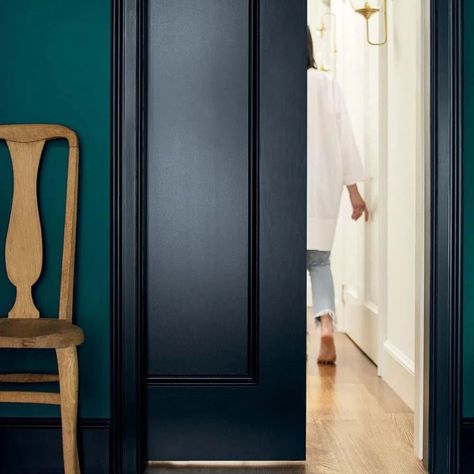 Best Interior Door Colors, Hale Navy Benjamin Moore, White Hallway, Half Bathroom Remodel, Green Painted Walls, Black Paint Color, Green Hallway, Hale Navy, Painted Door