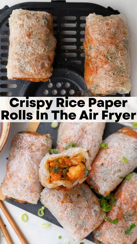 These air fryer rice paper rolls filled with prawns, basil, and carrot, are always a favourite! Super quick & easy to prepare. Airfry Rice Paper Rolls, Rice Paper Rolls Low Calorie, Gluten Free Vegetarian Air Fryer Recipes, Prawn Rice Paper Dumplings, Low Calorie Rice Paper Rolls, Air Fried Rice Paper Rolls, Baked Spring Rolls Rice Paper, Crispy Rice Paper Recipes, Prawn Rice Paper Rolls