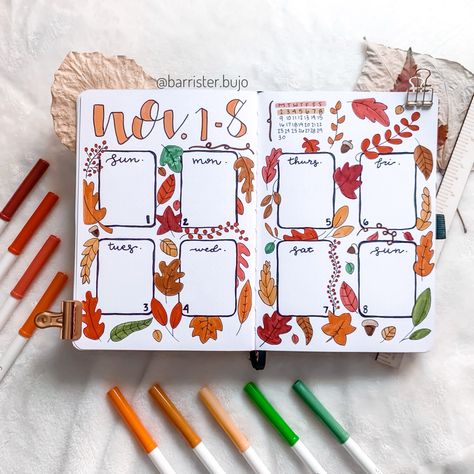 Fall aesthetic, bullet journal, weekly spread, autumn bujo, bujo weekly spread Fall Bullet Journal Weekly Spread, November Bullet Journal Weekly Spread, Thanksgiving Bujo, Thanksgiving Bullet Journal, Autumn Bujo, Bullet Journal Weekly Spread Layout, November Bujo, Aesthetic Bullet Journal, November Bullet Journal