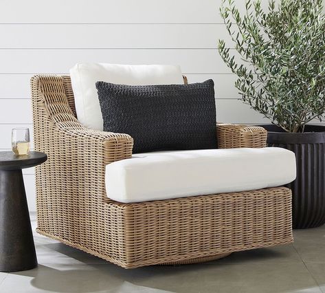 Huntington Wicker Slope Arm Swivel Outdoor Lounge Chair | Pottery Barn Swivel Patio Chairs Outdoor, Pottery Barn Outdoor Furniture, Pottery Barn Outdoor, Outdoor Furniture Fabric, Wicker Lounge Chair, Outdoor Swivel Chair, Lounge Chair Cushions, Outdoor Lounge Chair, Wicker Patio Furniture