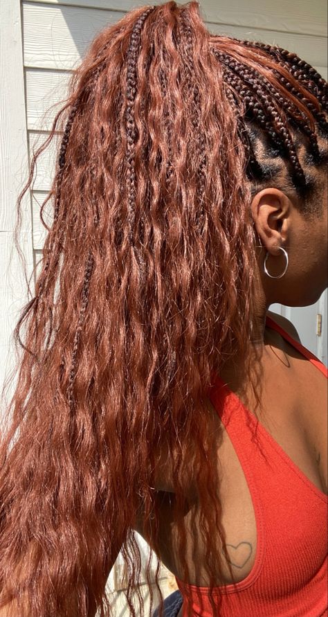 Knotless Braids 33 Color, Auburn Hair Color On Black Women Braids, Ginger Red Braids For Black Women, Boho Knotless Braids Fall Colors, Ombré Ginger Braids, Auburn Bohemian Knotless Braids, Goddess Braids Auburn, Coloured Boho Knotless Braids, Copper Brown Knotless Braids