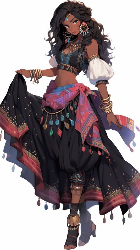 Harem Outfits Women, Warrior Clothes Women, Female Bard Outfit, Romani Character Design, Female Assassin Character Design, Nomadic Clothing, Mage Outfit Female, Dnd Outfits Inspiration, Japon Illustration