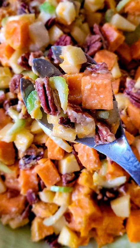 Raw Sweet Potato Salad, Dressing For Sweet Potato Salad, Mediterranean Sweet Potato Salad, Sweet Potato Apple Salad, Salad With Sweet Potato Healthy, Clean Sweet Potato Recipes, Summer Sweet Potato Salad, Sweet Potatoes Salad Recipes, Kosher Side Dishes