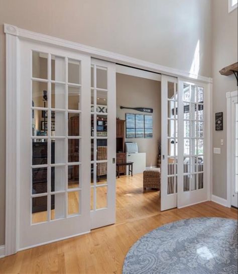 End Of Hallway Focal Point, French Door Partition, French Sliding Door Interior, Glass French Doors Interior Office, Office Sliding Doors, Double French Doors Living Room, Office Door Ideas, Home Office French Doors, French Door Office