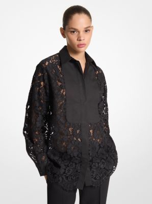 A classic point collar and bib inset add modesty to this sheer floral lace shirt. Finished with crisp cotton cuffs and a scalloped lace hem, it looks as sophisticated with the season’s denim as it does with a bias-cut skirt. Made in Italy. Lace Skirt And Blouse, Rich Fashion, Black Lace Skirt, Bias Cut Skirt, Black Lace Tops, Michael Kors Collection, Lace Hem, Scalloped Lace, Lace Shirt