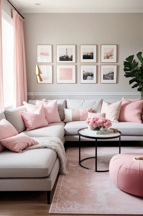 Apartment Living Room Pink And Grey, Grey And Blush Pink Living Room Interior Design, Pink Grey Living Room Decor, Light Pink Interior Design, Pink Beige Living Room, Pink Grey Living Room, Pink And White Living Room, Pink Accents Living Room, Grey And Pink Living Room