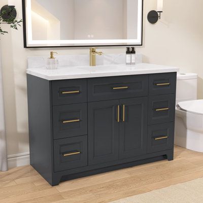 Our 48 inch bathroom vanity cabinets feature a simple yet stylish design to give your bathroom an eye-catching look. The cabinets of our bathroom vanities are made of solid wood and are also treated with mildew resistance, making our bathroom storage cabinet more waterproof and durable. Our bathroom vanity 48 inch is finished in a unique light gray that will make your bathroom look more premium and eye-catching. This bathroom large cabinet can bring a different visual effect to your bathroom. Ou Dark Grey Bathroom Vanity Ideas, Bathroom Vanity Ideas One Sink 48”, Bathroom Ideas Dark Vanity, Charcoal Grey Bathroom Vanity, Bathroom Blue Cabinets, Dark Grey Bathroom Cabinets, Navy Blue Vanity Bathroom Ideas, Vanity Top Ideas, Bathroom Vanity 48 Inch